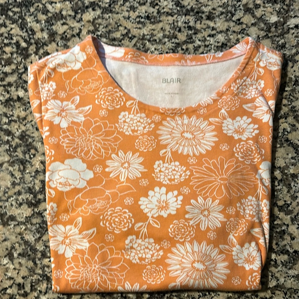 Blair Floral Rolled Short Sleeve Shirt SzL Orange cotton blend